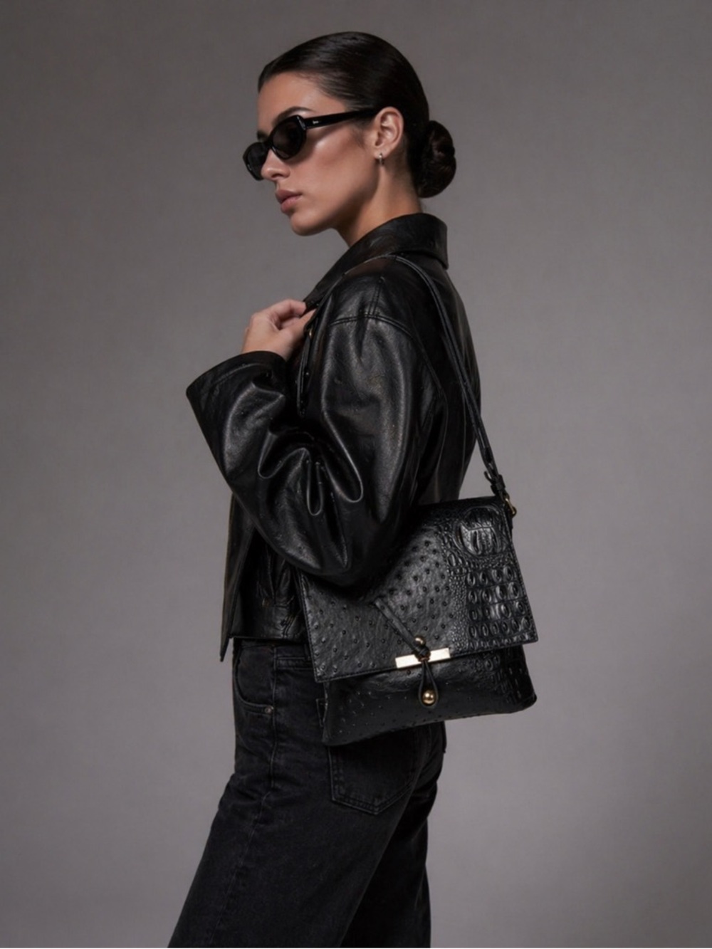 Vegan Black Ostrich & Croc Embossed Crossbody Bag Purse Gold Hardware Zip